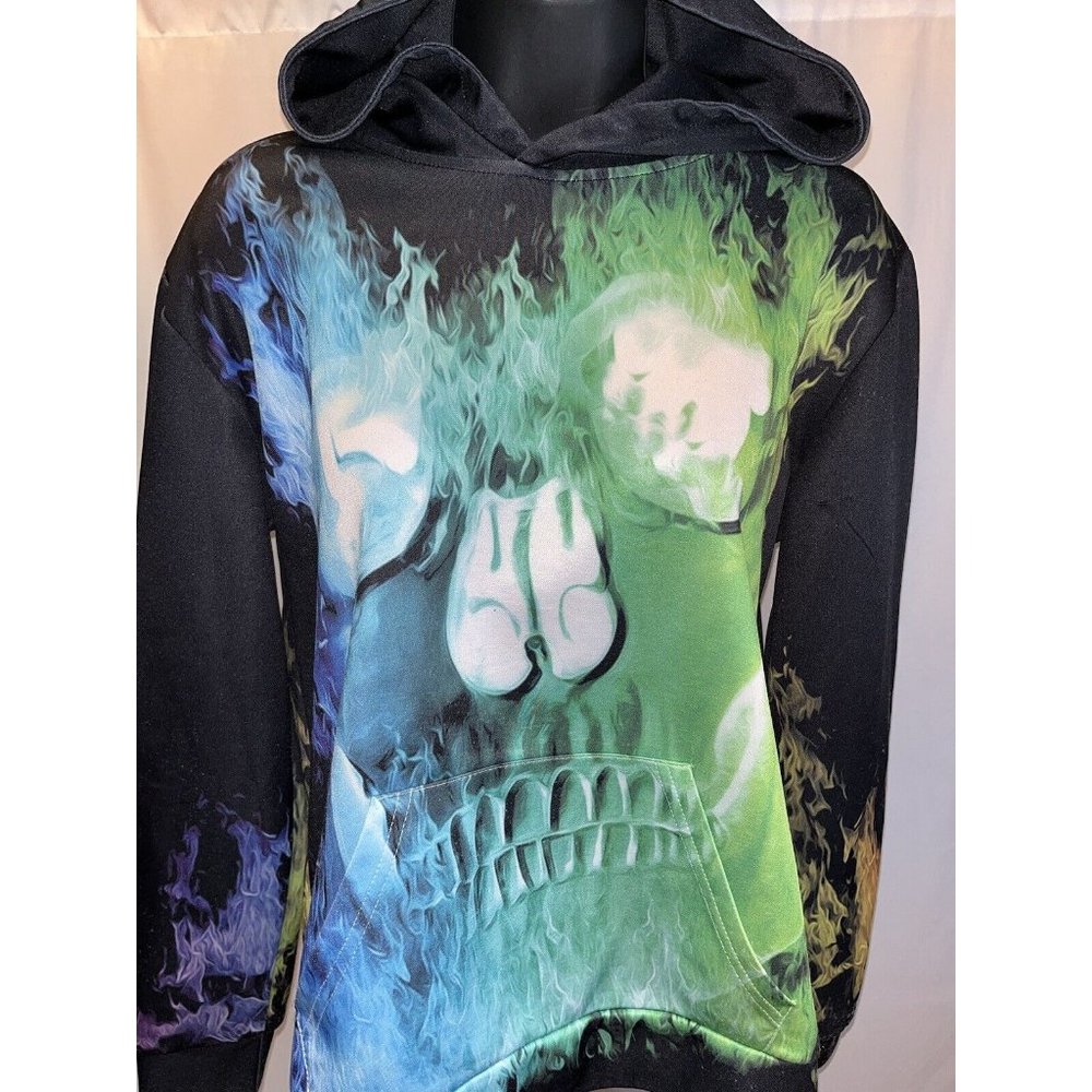 Funnycokid Flaming Skull Hoodie Boys Youth XL  12/14 Pullover All Over Print